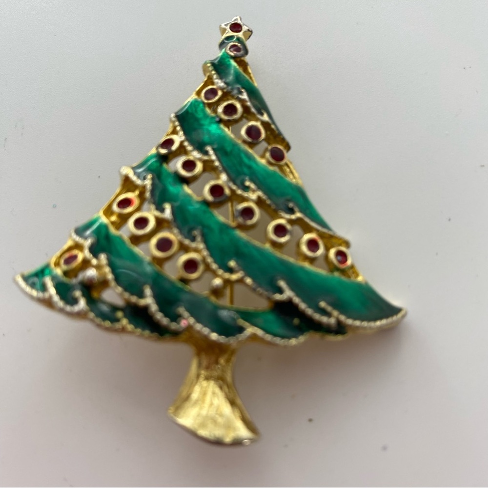 Festive Green and Gold Christmas Tree Brooch pin with red rhinestones